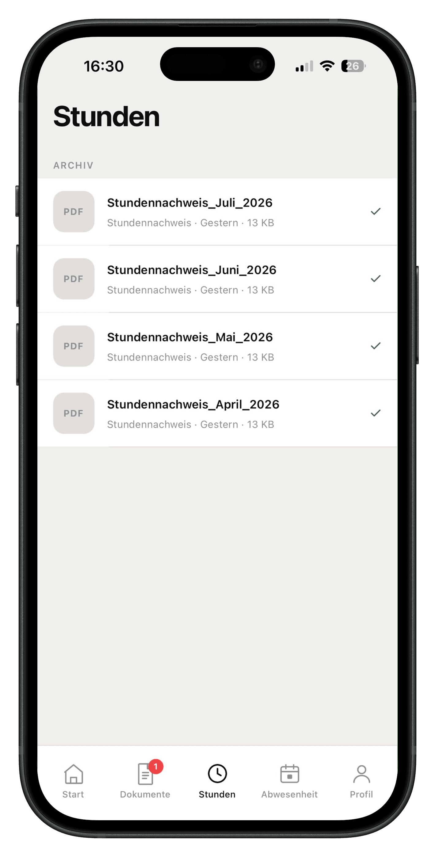 Stundennachweis-Übersicht in der Velmio App
